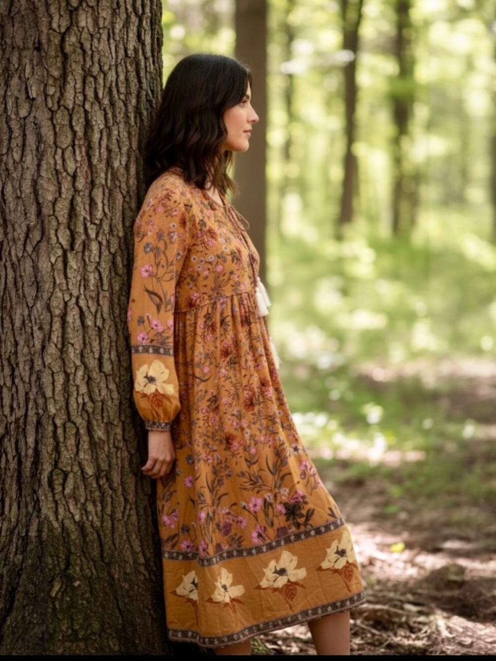 R. Vivimos Dijon Mustard Long Sleeve Floral Print Retro Tassel Bohemian Dress - Picture 7 of 9